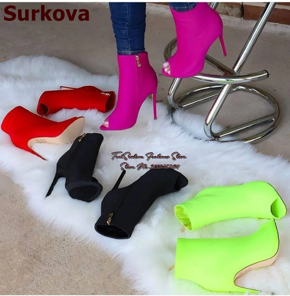 Surkova Purple Neon Yellow Ankle Boots Stiletto Heel Stretch Lycra Fabric Open Toe Short Boots Zipper Gladiator Motorcycle Boot