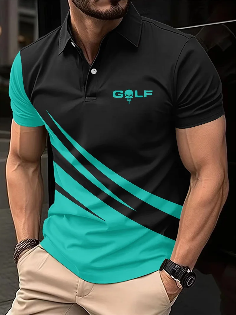 Men's Golf Sportswear Striped Print Short Sleeve T-shirt Outdoor Leisure Quick Dry Breathable Top Lapel Button Men's Clothing