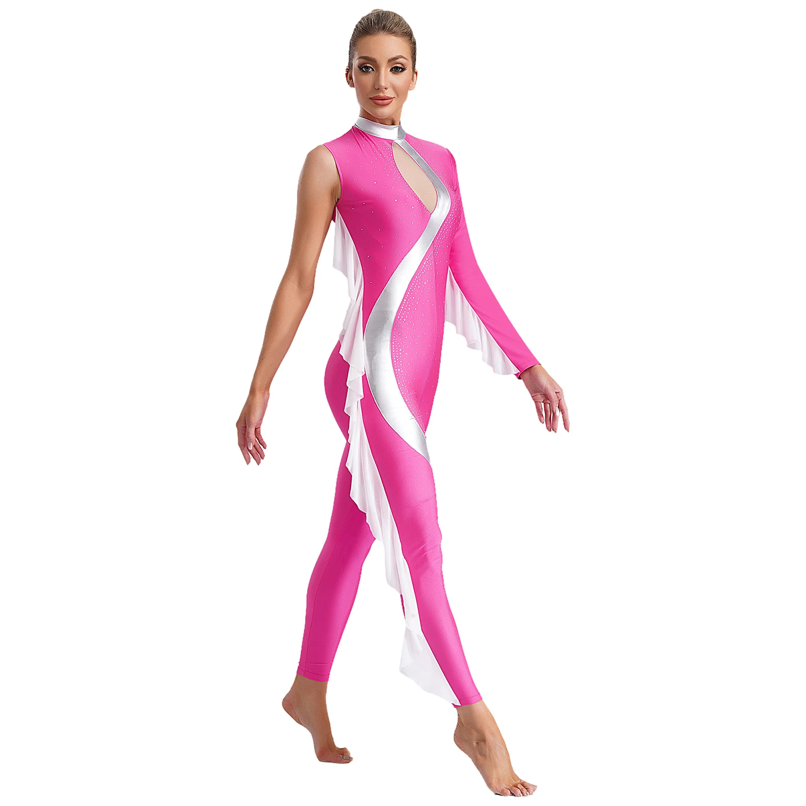 Acrobatic Gymnastics Performance Jumpsuit Women Ballet Practice Outfits Metallic Shiny Rhinestones Full Body Leotard