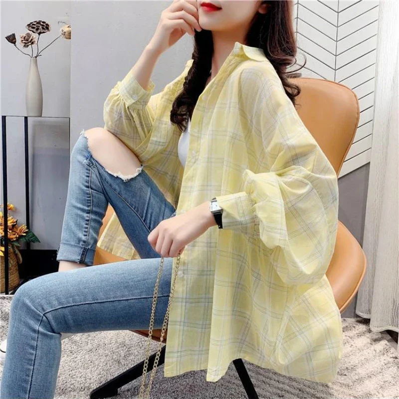 Blouses Women Shirts Spring Lantern Sleeve Plaid Sun-proof Summer Loose Thin Fashion Retro Drop-shoulder Students Chic Fresh New