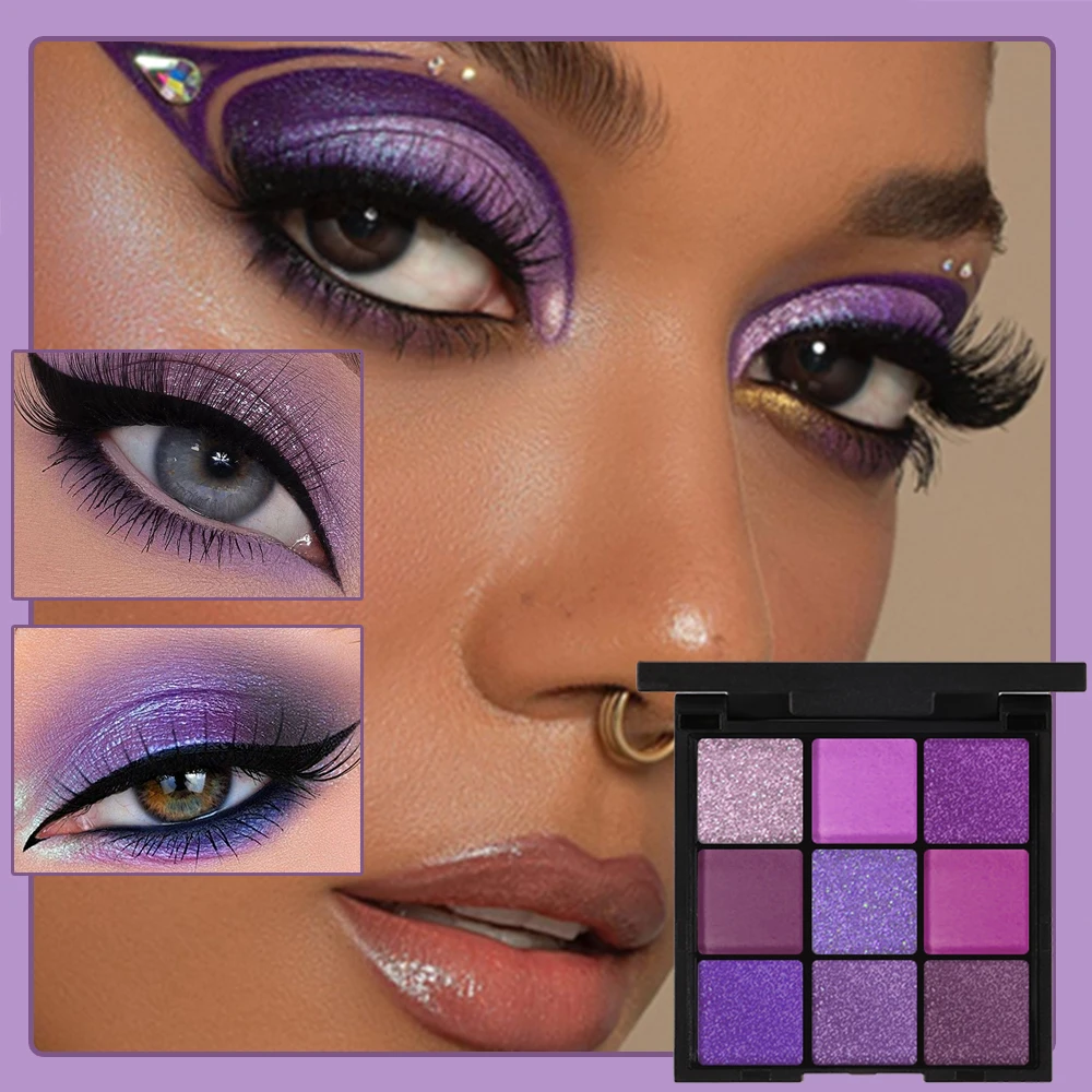 Paleta de sombras de ojos de 9 colores, brillo mate, púrpura, gris, estilo ahumado, maquillaje para Festival de Música Cosplay para un aspecto glamuroso