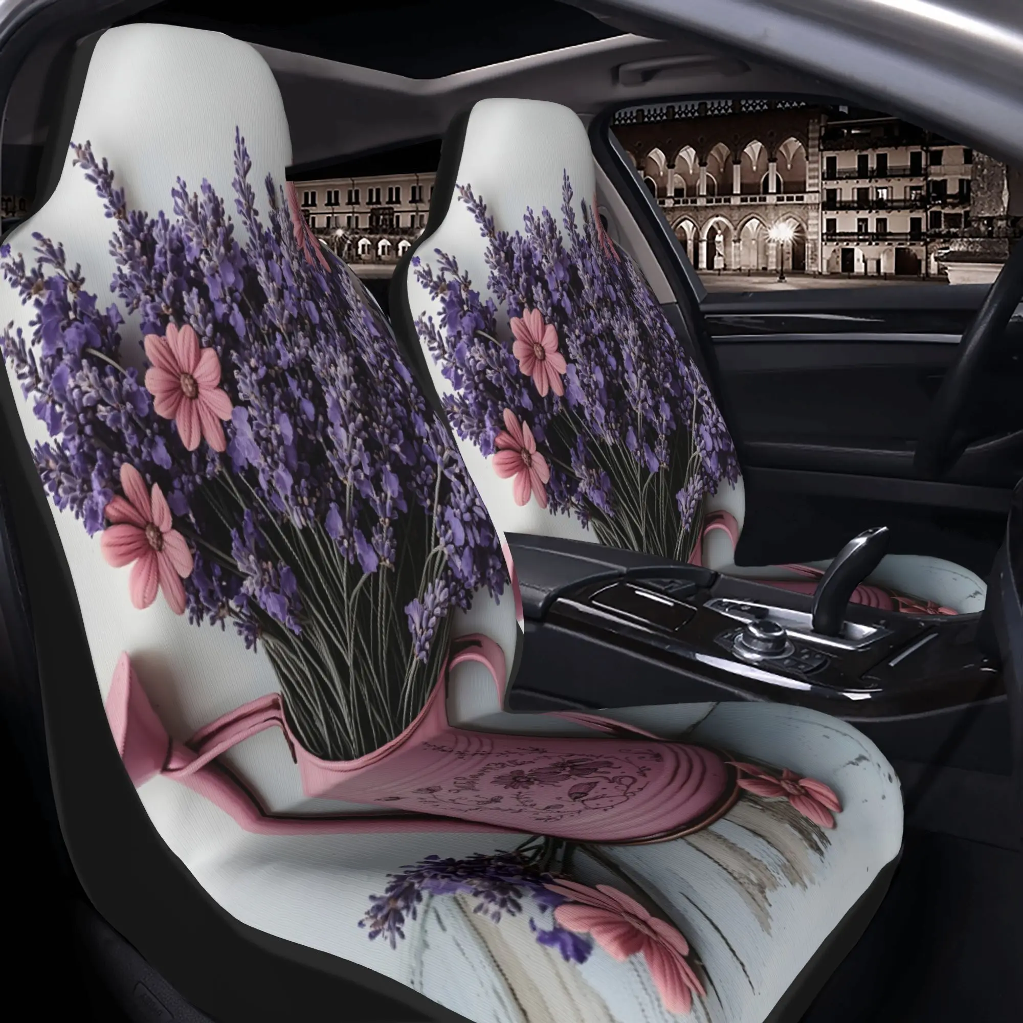 2pcs A Pink Watering Can Filled With Fresh Lavender And Decorative Flowers Car Seat Covers | Suitable For Suvs Such As Sedans, P