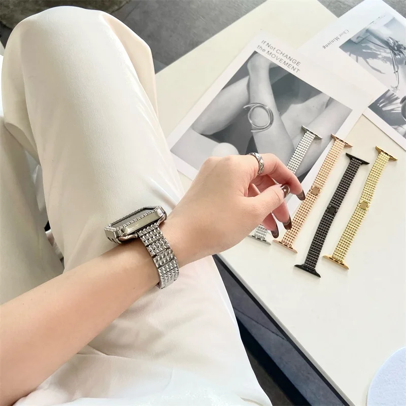 حزام ساعة معدني من الفولاذ المقاوم للصدأ ذو سلسلة ضيقة منقوشة لسلسلة ساعات Apple Watch 7/6/5/4/se/3/2/1