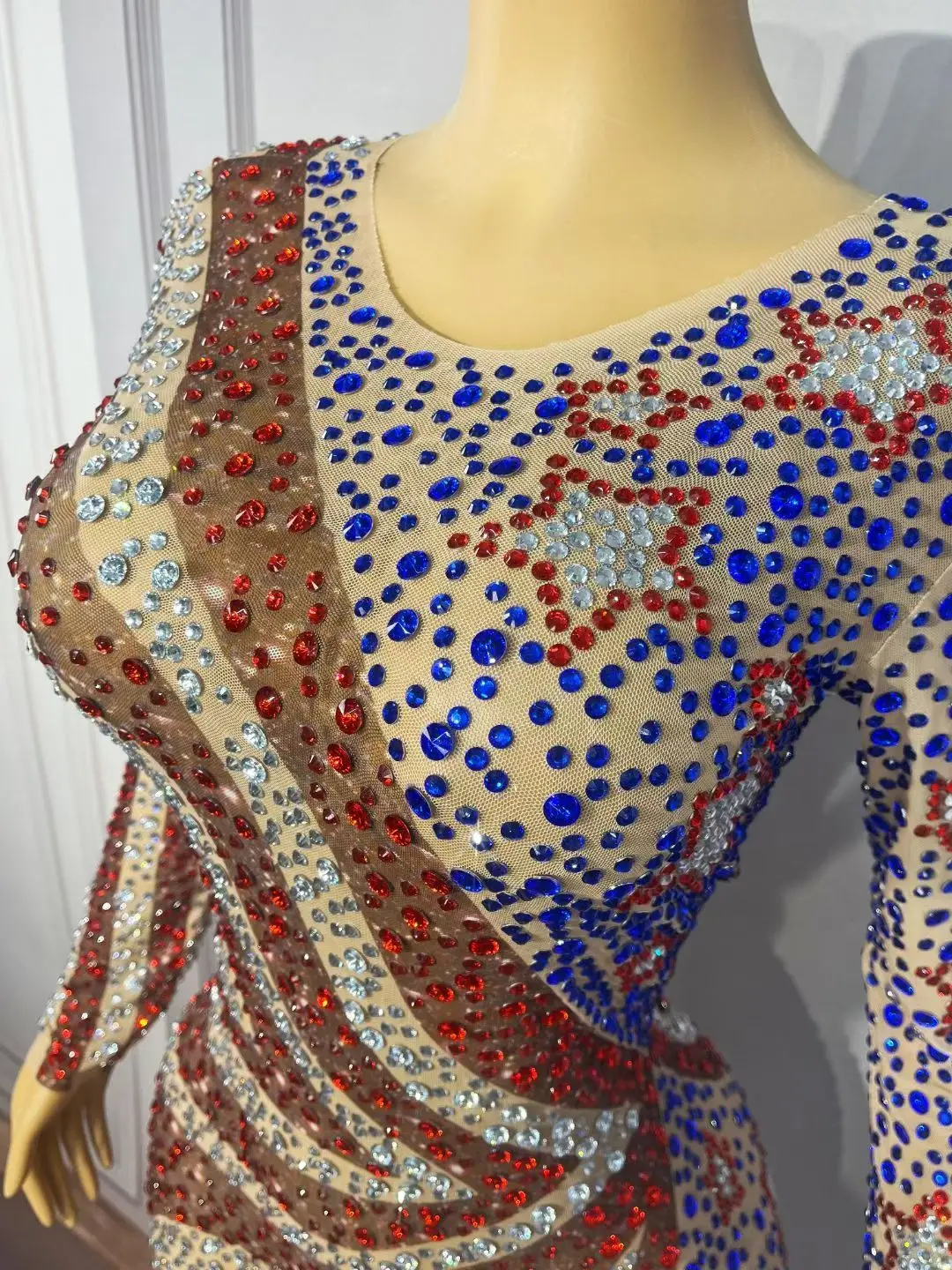 Meishiku Red White Blue Star Stripe Rhinestone Jumpsuit Long Sleeve Nude Mesh Singer Dance Stage Performance Costume