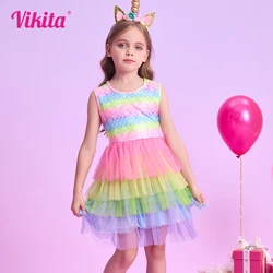 VIKITA Girls Tutu Vestidos Children Summer Sleeveless Clothes Kids Mermaid Print Mesh Layered Tulle Princess Elegant Dresses
