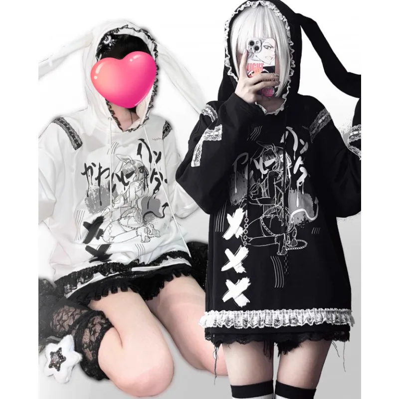 

Subculture Comic Printed Sweet Black Rabbit Ear Hoodie Y2k Aesthetic Hoodies Women Harajuku Loose Casual Grunge Sweatshirts