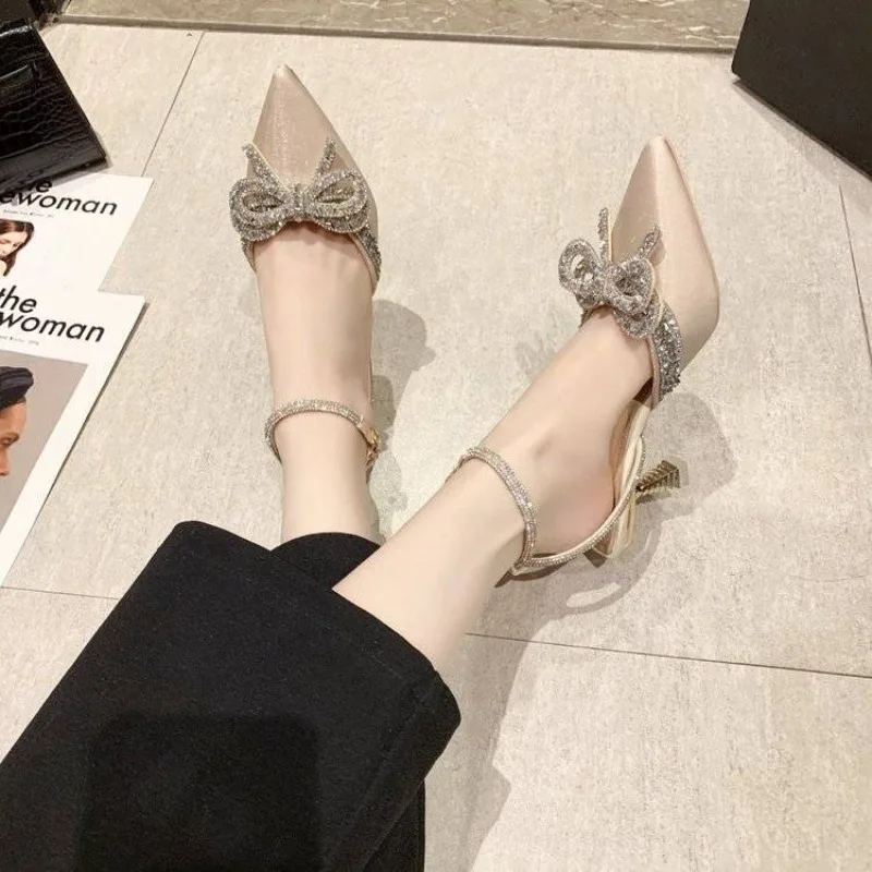 

Rhinestone Bow Slide Sandals for Women Summer Thin High Heel Fashion Closed-Toe Single Strap Sandals