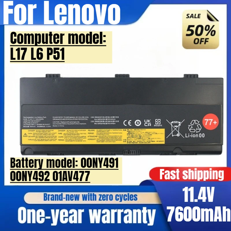 For Lenovo 00NY491 00NY492 01AV477 01AV496 L17 L6 P51 Laptop Battery High Capacity Battery Replacement Bateria