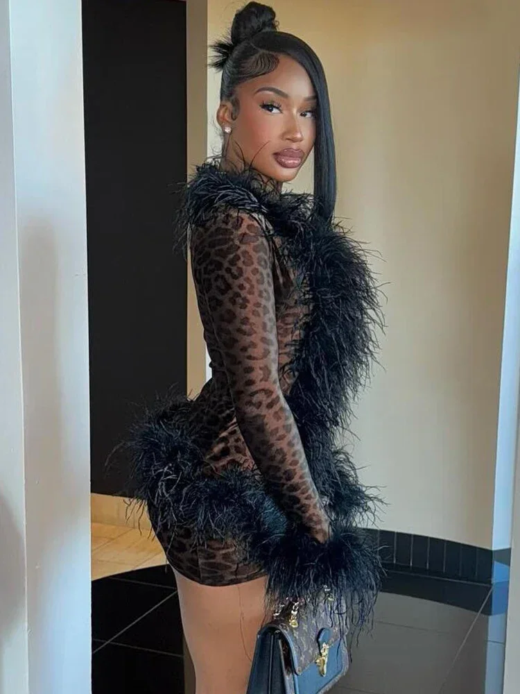 ليوبارد طباعة أطقم فساتين النساء Bodycon مثير فروي المرقعة الدانتيل يصل المحاصيل القمم والشكل الاغراء تنورة 2 قطعة الدعاوى