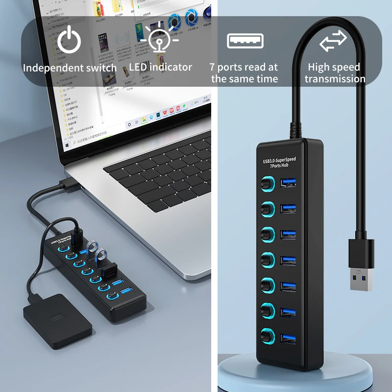 7 Ports USB 3.0 Hub With Independent Power Switch 5Gbps High‑Speed USB Splitter Adapter For Computer Laptop