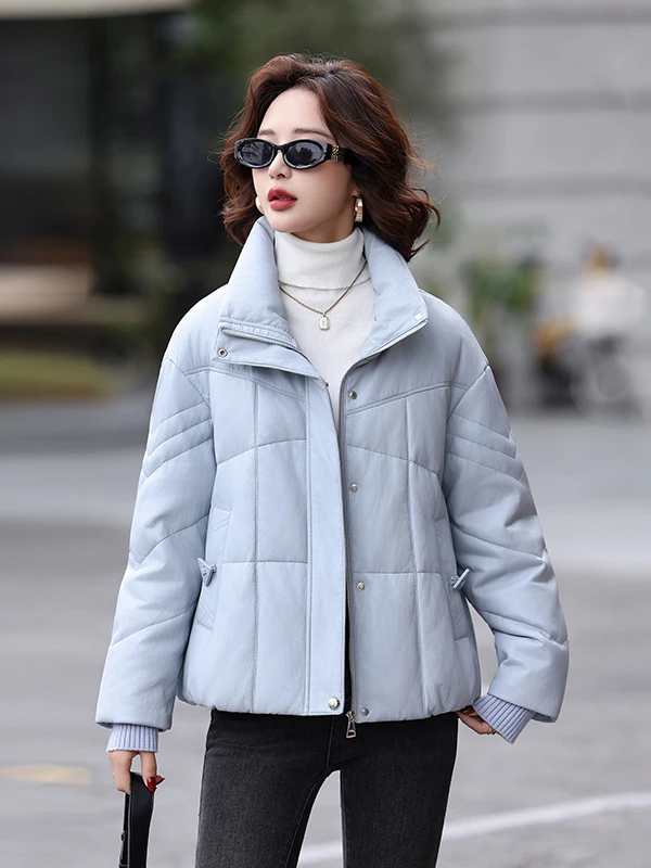 Abrigo de invierno de cuero auténtico ort Puffer Jaet para mujer, abrigo de invierno con cuello levantado, prendas de vestir exteriores de piel sintética para ir al trabajo, poliéster