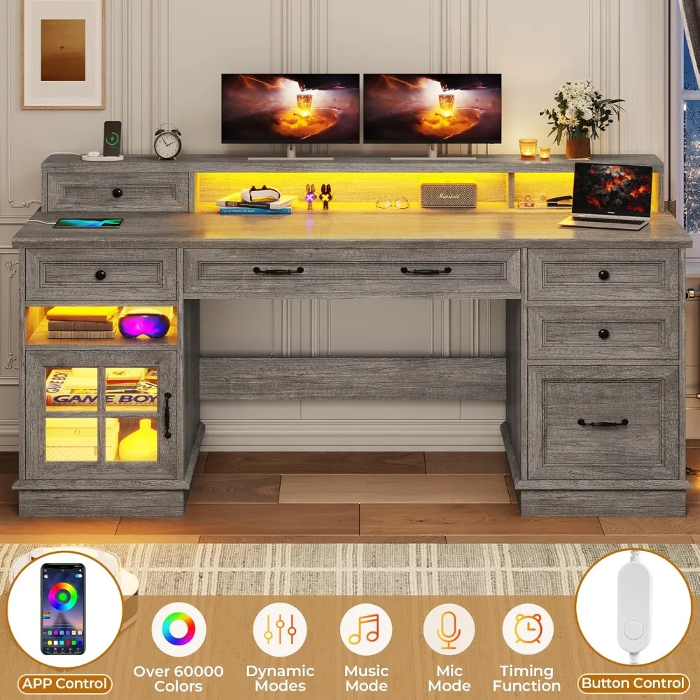 Farmhouse Executive Desk with File Drawer, Computer Desk with Charging Station & LED Lights, Home Office Desk with Drawers