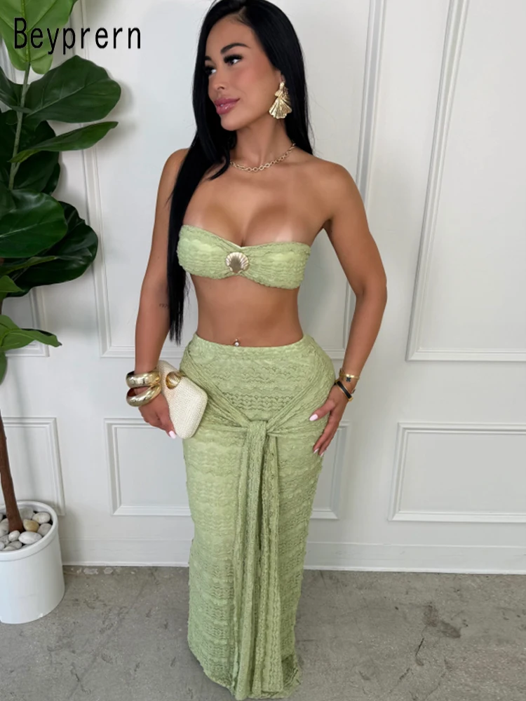 

Beyprern Tropical Starfish Details Layer Tierred Lace Skirt Set Holiday Outfits Beautiful Long Straps Lace-Up Textured Beach Set