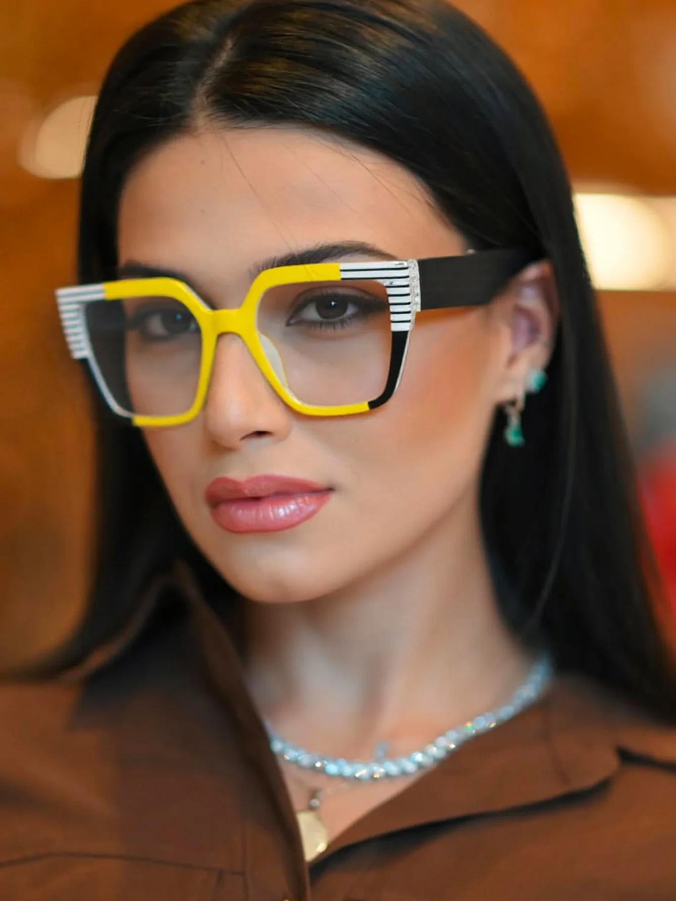 Classic Striped Personality Cat-Eye Square Frame for Women, Textured Anti-Blue Light Glasses Frame, Women's Bohemian Style Commuter and Street Style Decorative Glasses, Suitable for Office, Computer, and Gaming Use