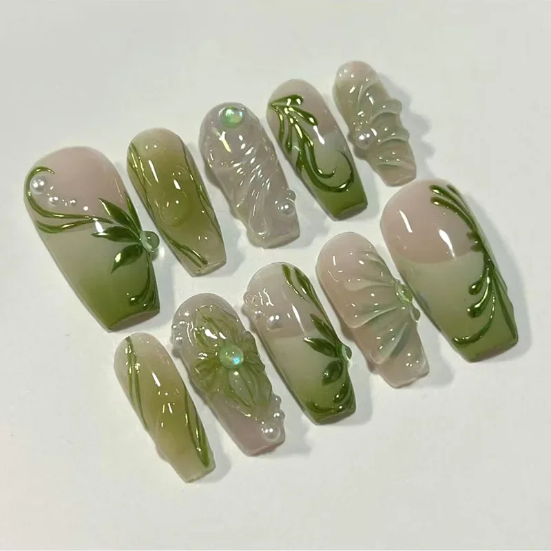

Green Vine Press On Nails, Medium Coffin Fake Nails, 3D Embossed Gradient with Pearl Removable Elegant False Nail Tips