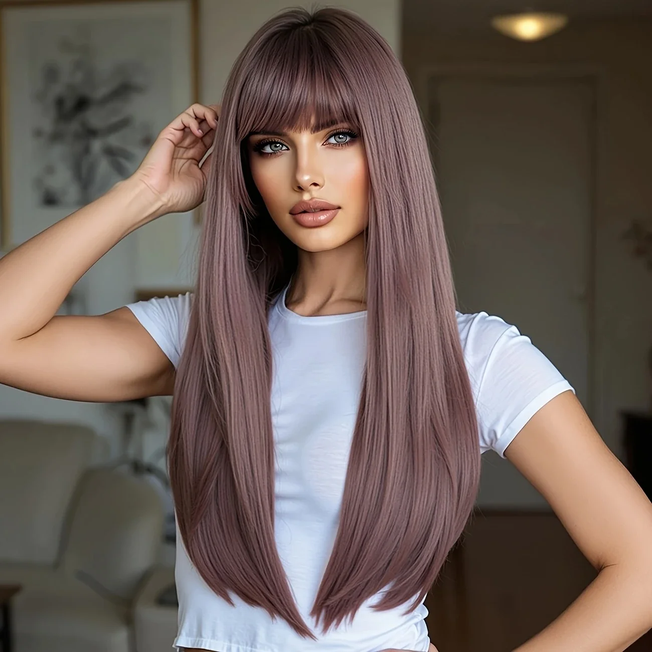 Testar Fashionable Dray Purple Long Straight Synthetic Wigs Smooth Shiny Daily Party Heat Resistant Fiber Wigs For Women