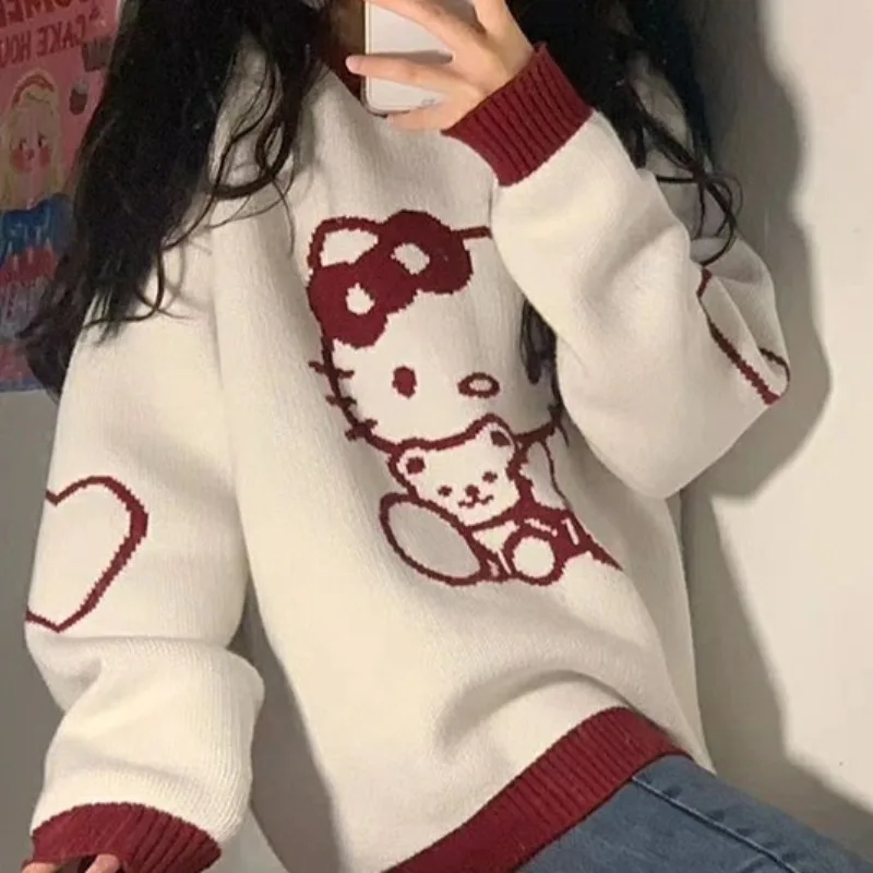 Sanrio Hello Kitty Maglione lavorato a maglia da donna Autunno/Inverno Outfit Minimalista Y2k Abbigliamento donna Pullover carino Top donna che riduce l'età