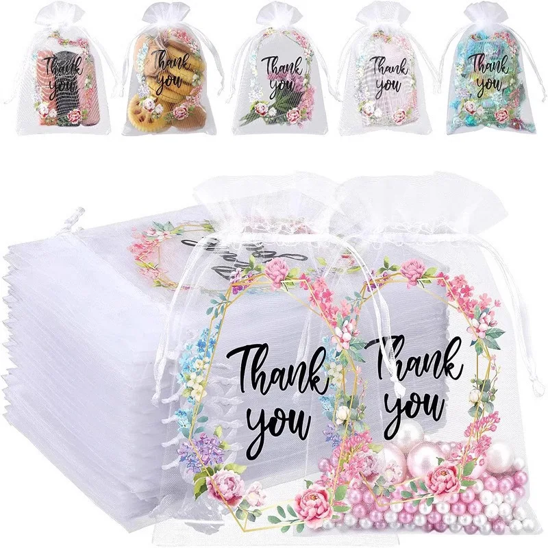 100PCS Thank You Gift Bags Sheer Organza Gift Bags Small Gift Organza Gift Bags Bulk with Drawstring Mesh Favor Bags