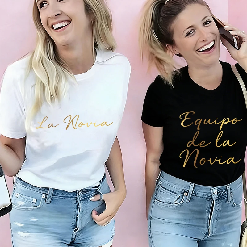 Spanish Bridesmaid Bride Tribe T-Shirts Gold Foil Tees O Neck Tops for Girl Bachelorette Hen Party Bridal Shower Women Clothing