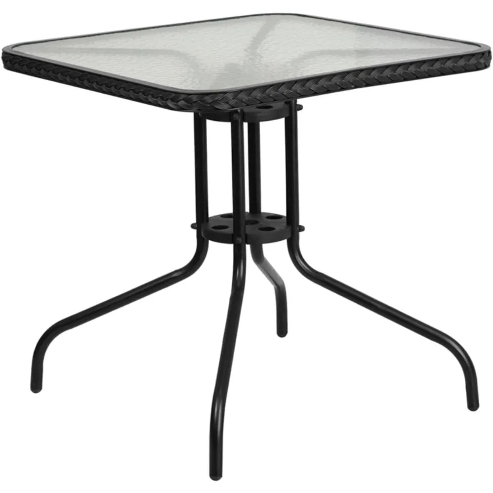 

28'' Square Tempered Glass Metal Table with Black Rattan Edging