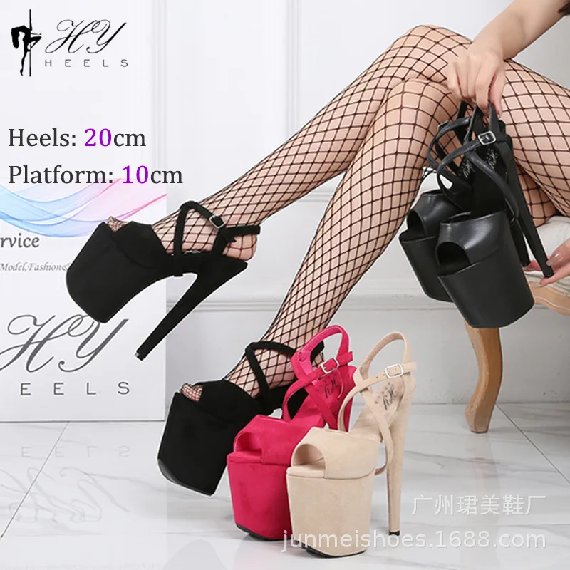 Hot Selling New Summer 20CM Flock Cross Belt Stripper Pole Dance Shoes Sexy Platform Super High Heel Sandals Women Peep Toe Shoe