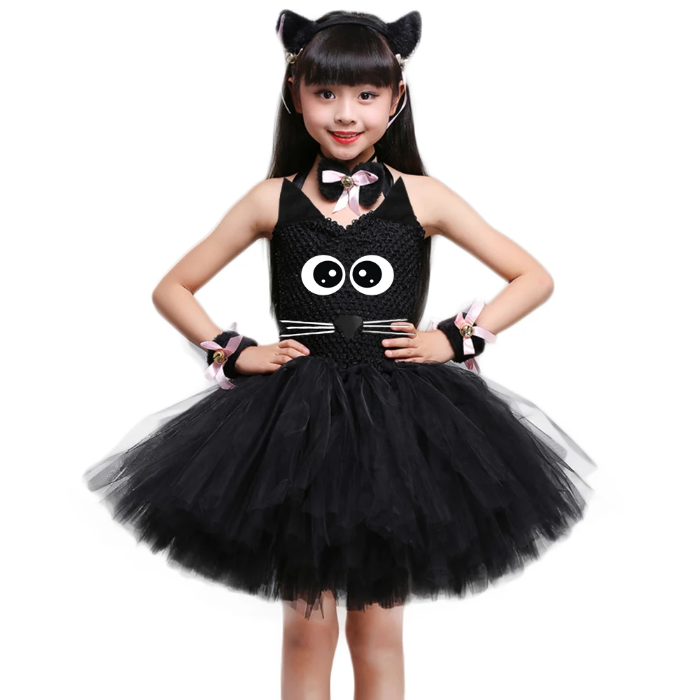 Kitty Tutu Dress Outfit For Kids Black Cat Animal Halloween Costumes Toddler Baby Girl Fancy Performance Birthday Party Dress