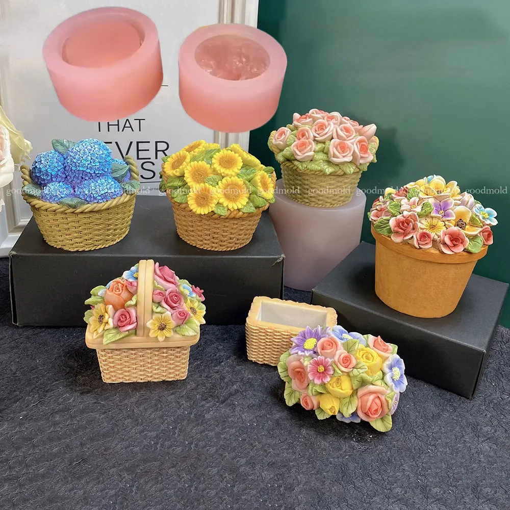 

Sunflower Hydrangea Jewelry Storage Box Plaster Mold DIY Rose Flower Basket Candle Resin Silicone Mold Handmade Mold Gift