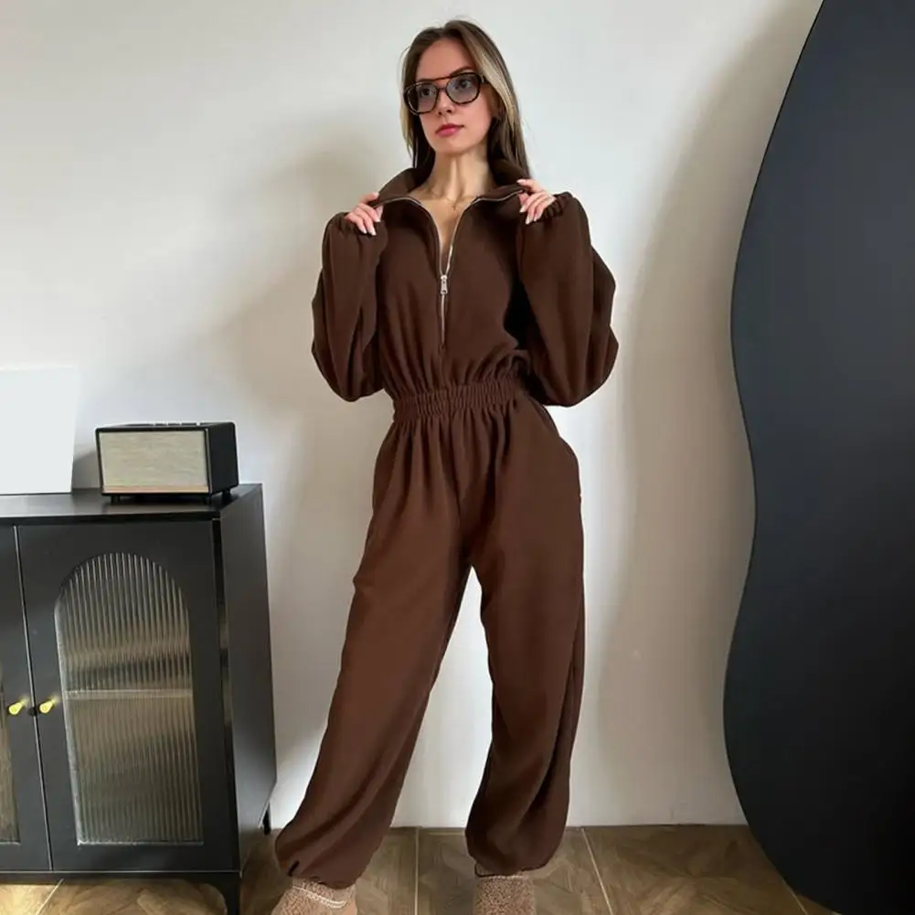 

Long Sleeve Jumpsuits for Women Casual Fall Zip Up Rompers Loose Jogger Sweatpants High Waist One Piece Outfits Джампсит