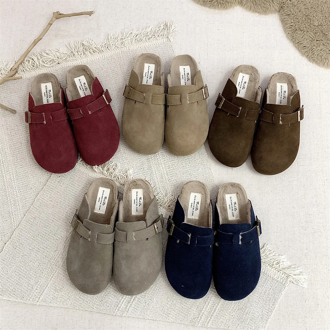 Winter Woman Slipper Female Shoes Slides Low Flock Cover Toe Platform 2024 Hoof Heels Fabric Rome Retro Rubber Female Shoes Hous