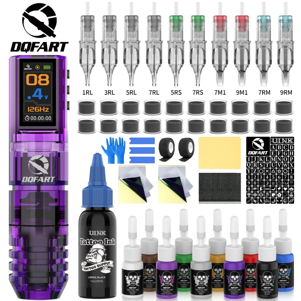 DQFART P3 Colorful Led Digltal Display Electric Wireless Tattoo Machine Set Body Art Creative Designs Beginner Artists Supplies