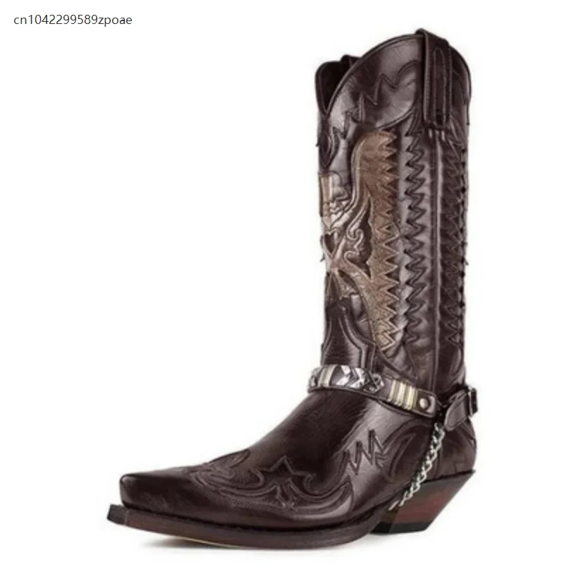 Botas chelsea com fivela de corrente de metal, salto grosso bordado colorblock gótico steampunk locomotiva cosplay botas de cavaleiro masculinas