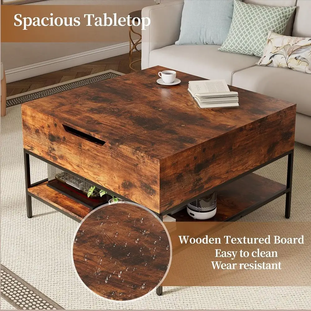 طاولة قهوة مربعة حديثة مع مساحة تخزين قابلة للطي وأرفف لغرفة المعيشة، تتطلب التجميع #6