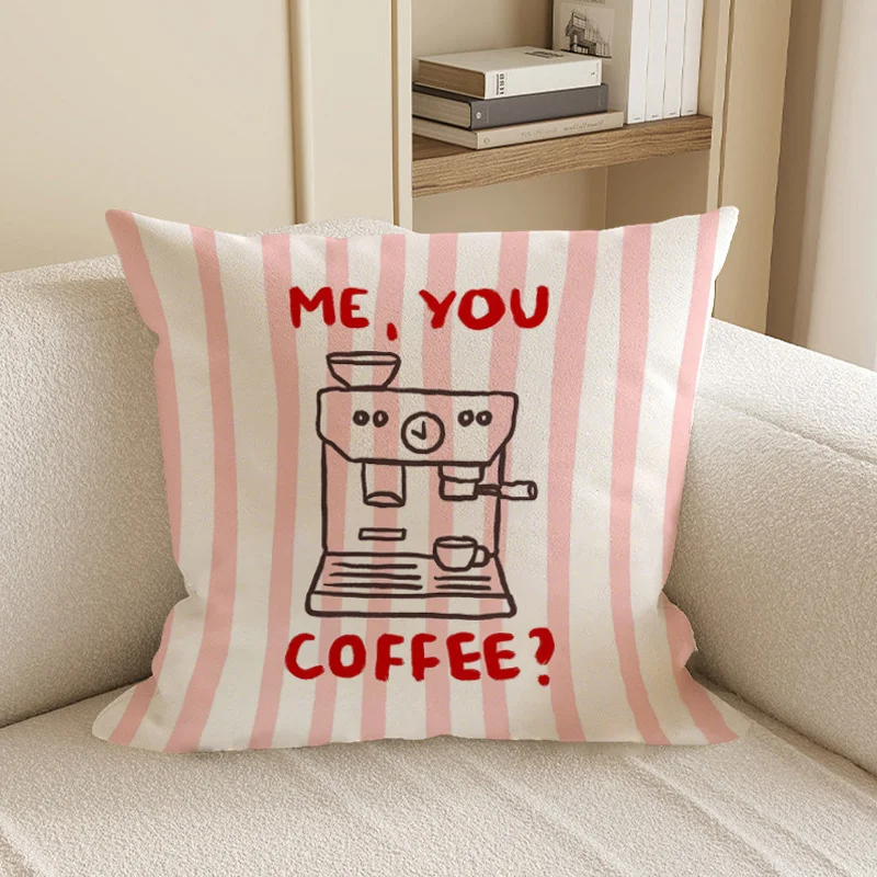 Double Sided Trendy Coffee Slogan Decorative Throw Pillow Case Pink White Stripe Machine Design Cushion Cover for Sofa Home