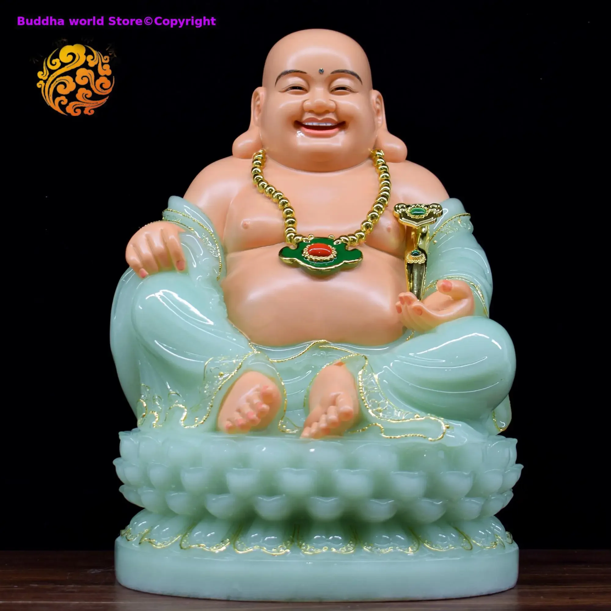 Asia high-grade Buddha statue Home store company Shrine GOOD LUCK RUYI God of wealth Maitreya Buddha jade gilding Sculpture