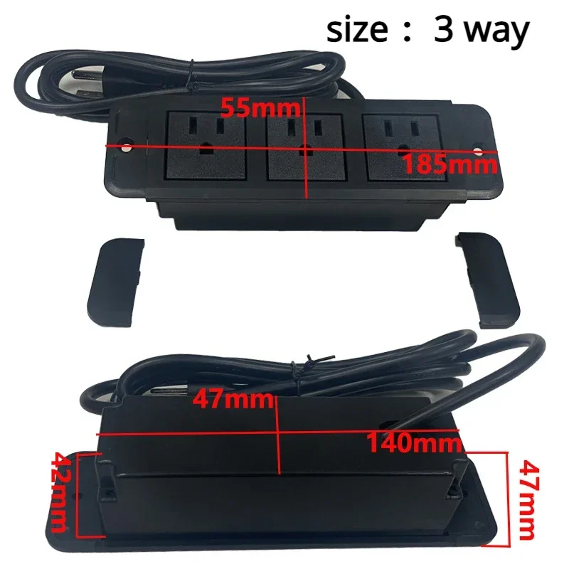 Stół ukryty gniazda zasilania EU/UK/US/AU 3 Outlet 2 USB wbudowany stolik nocny zasilający biura na biurko rzędu 10A 110V 220V czarne gniazdo