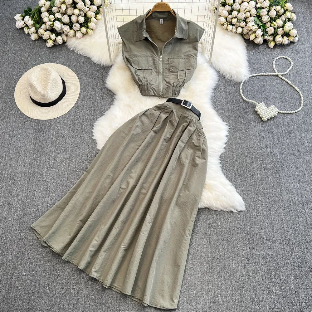 Women Two Piece Skirt Set Polo Neck Sleeveless T Shirt High Waist Drawstring Lace Up Shirt Two Piece Set High Waist A-line Skirt