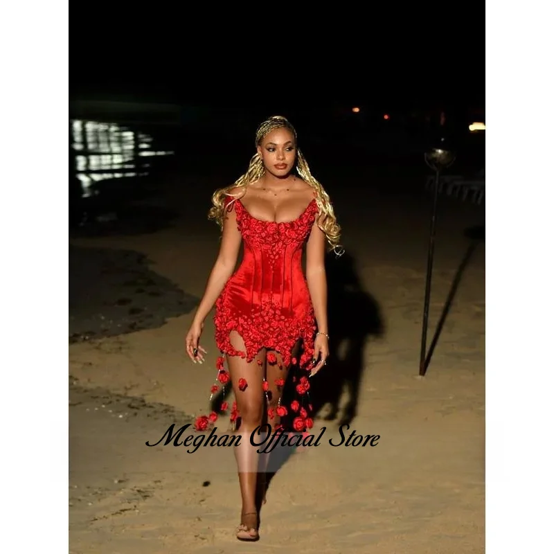 Pretty Petals Floral Short Prom Dresses Red Velvet Mini Wedding Party Dress Handmade Flowers Black Girls Birthday Dress Custom