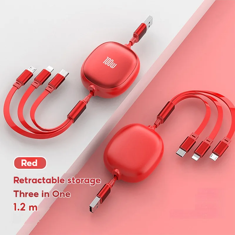 3 in 1 100W USB to Type-C Micro Retractable Fast Charging Cable for Samsung S24 Xiaomi Cable for iPhone 14 13 12 11 Pro Max 7 8