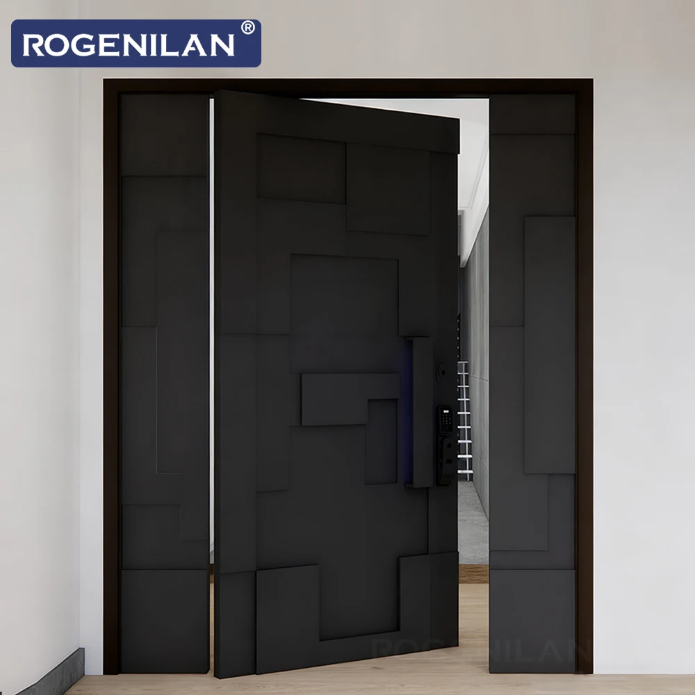 ROGENILAN Customized Size Exterior Aluminum Main Safety Doors 3D Engraved Anti-theft Front Entrance Door for Villa