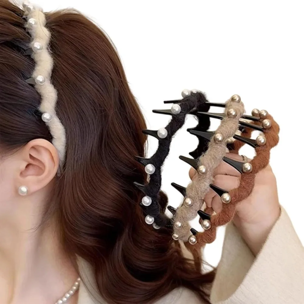 

Elegant Pearl Hairband​​ Non-slip with Tooth Vintage High Cranium Headband​​ Shiny Finish​​ Hair Accessories Wave Headbands