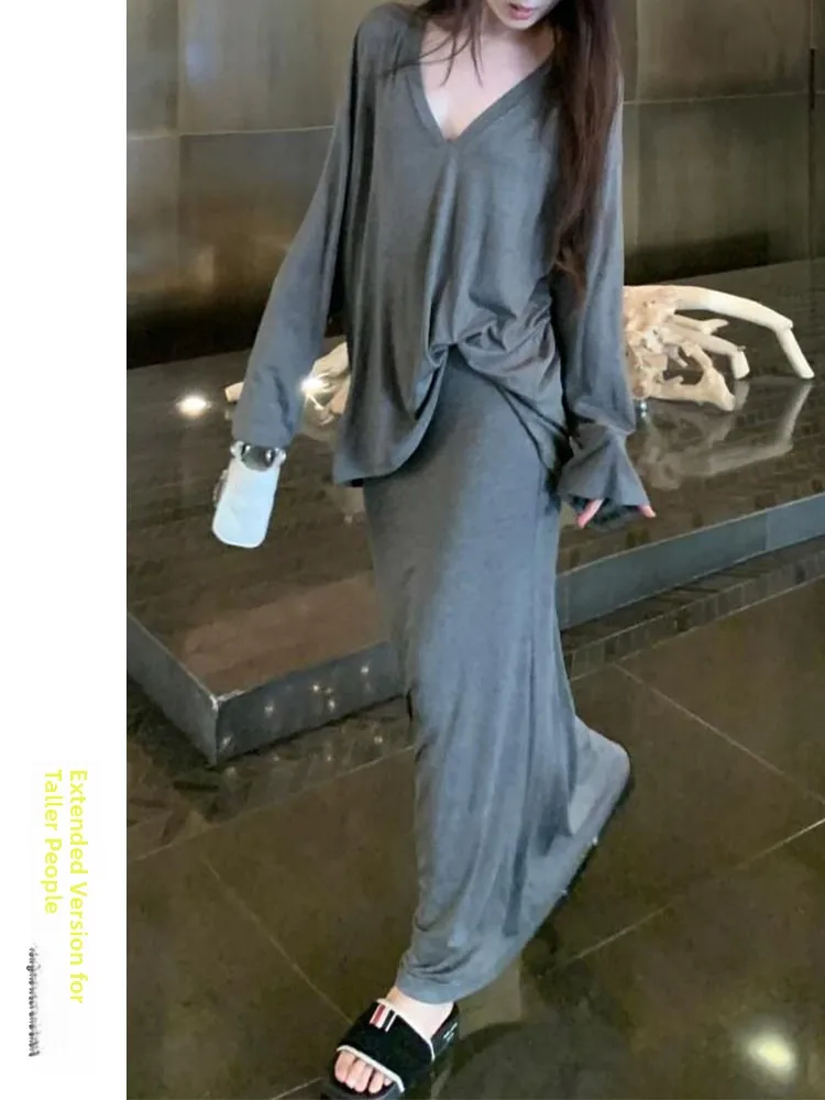 

Футболка Long Sve, комплект с юбкой, женский весенне-осенний комплект свободного кроя, V-Ne irt Sle, комплект из двух предметов из хлопка French Faion