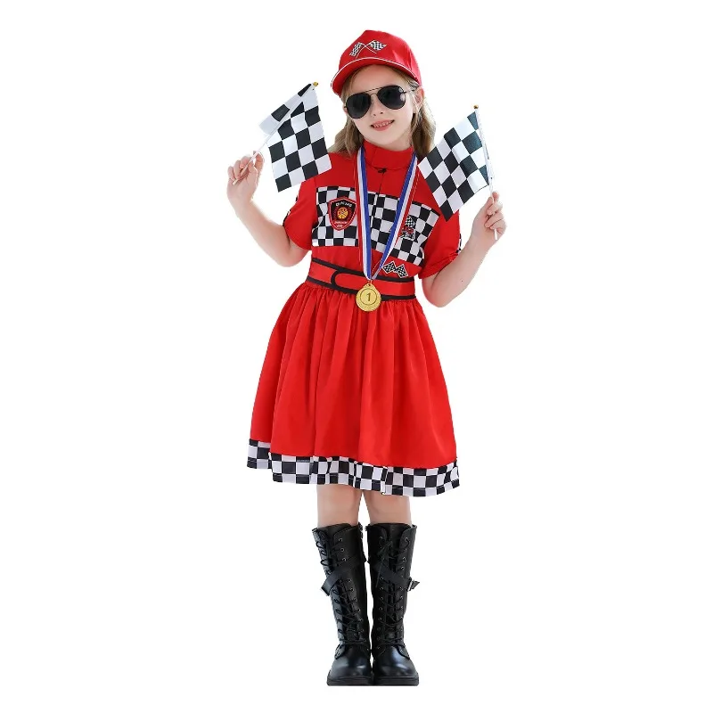 الأطفال الفتيات بدلة سباق فستان وقبعة نظارات العلم ميدالية سباق سائق لعب الأدوار زي التشجيع موحدة #2