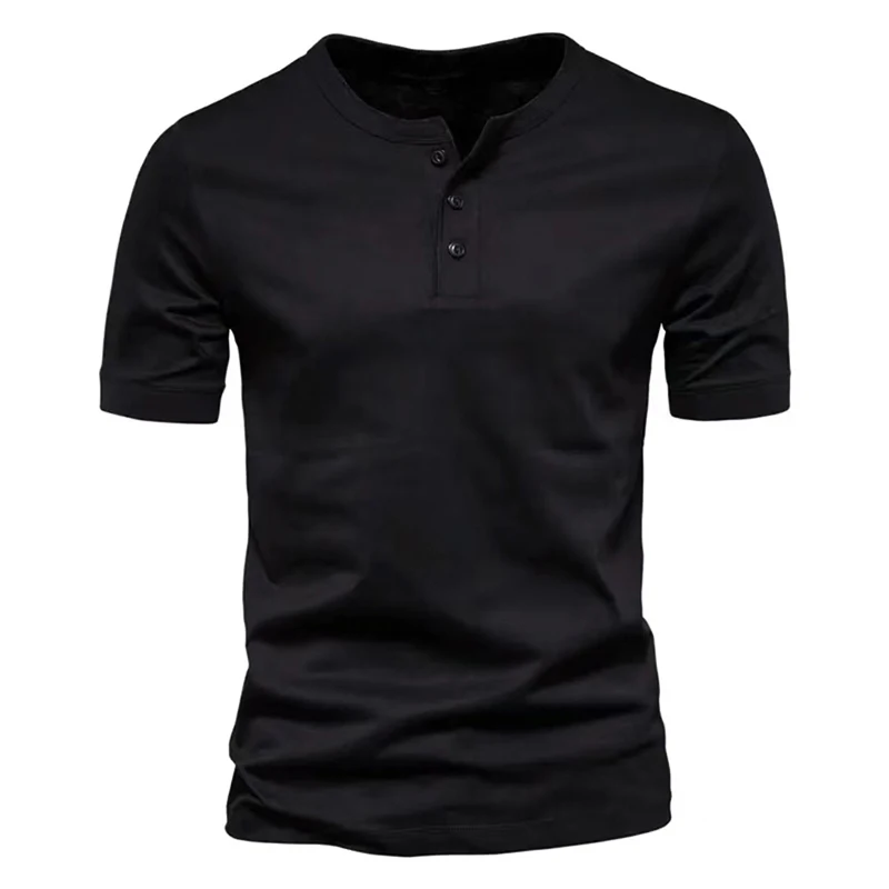 Summer T-shirt Men Henley Collar Solid Color Button Short Sleeve T Shirt Mens Casual Tops Tees High Quality Pullover Top 7 Color