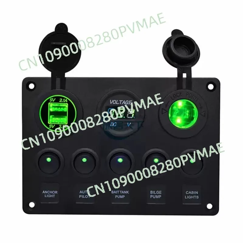 5-Way Round Rocker Switch Panel with USB Voltmeter & Cigarette Lighter Socket, 12V/24V Waterproof for Car Truck Marine DIY
