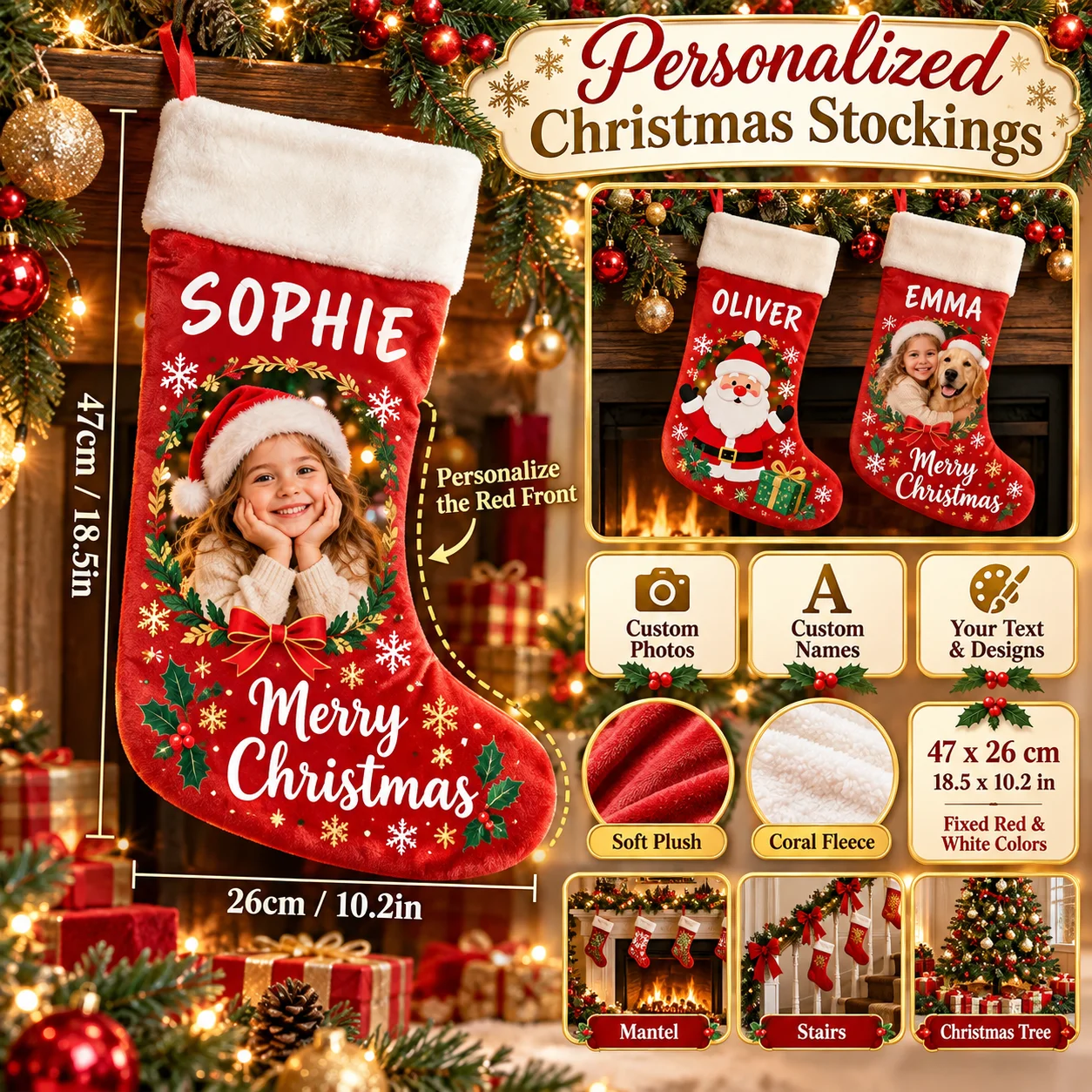 Personalized Christmas Stocking Custom Photo Names Red White Plush Holiday Gift Sock for Fireplace Mantel Stairs Wall Tree Decor