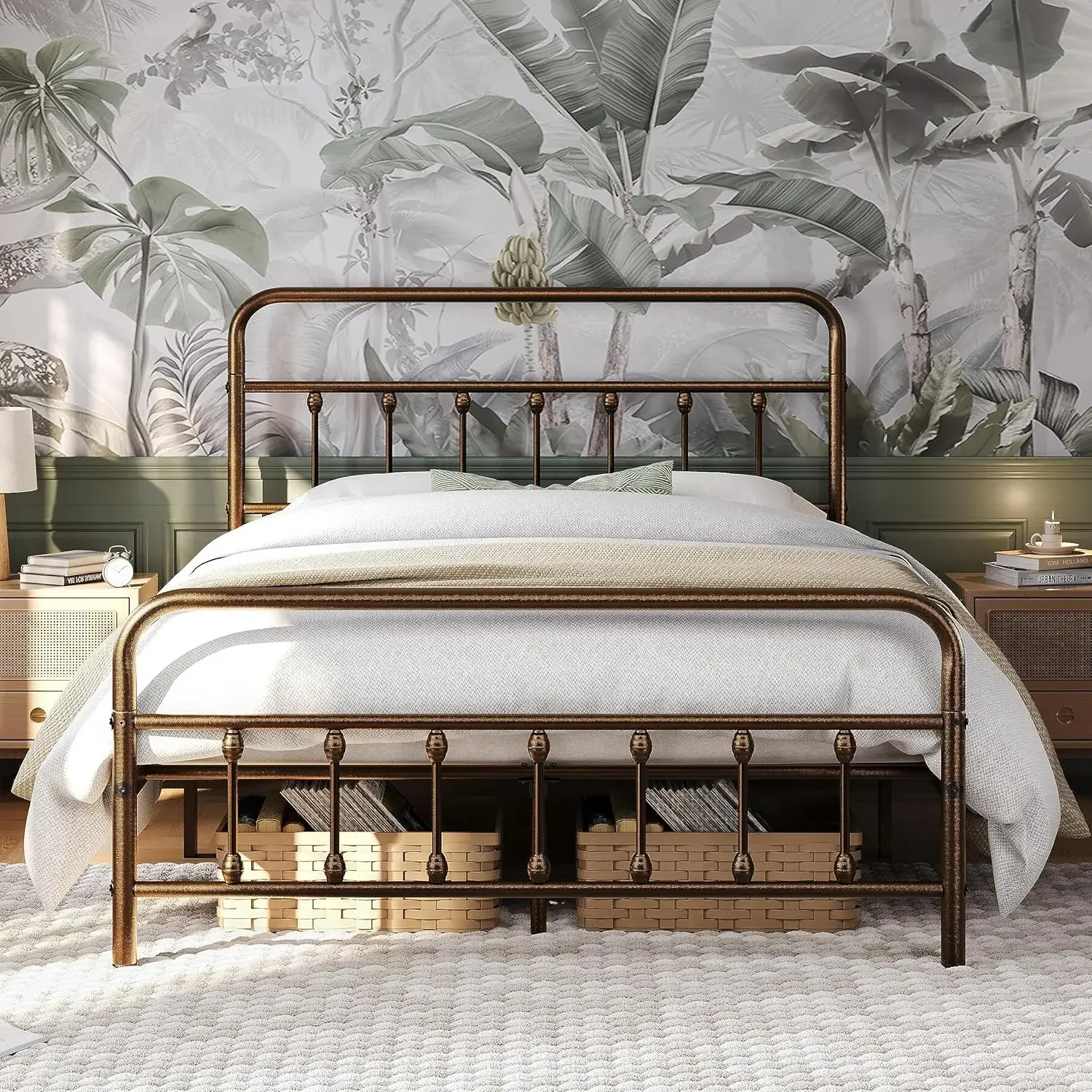 Classic Metal Platform Bed Frame Mattress Foundation with Victorian Style Iron-Art Headboard/Footboard/Under Bed Storage/No Box