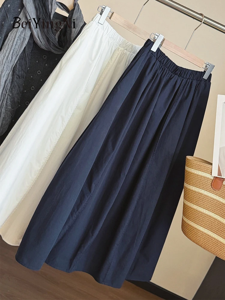 Beiyingni Kpop Simple Casual Midi Skirts Women Elegant Fashion White Bud Skirt Female High Street Retro Chic Khaki A-line Skirts