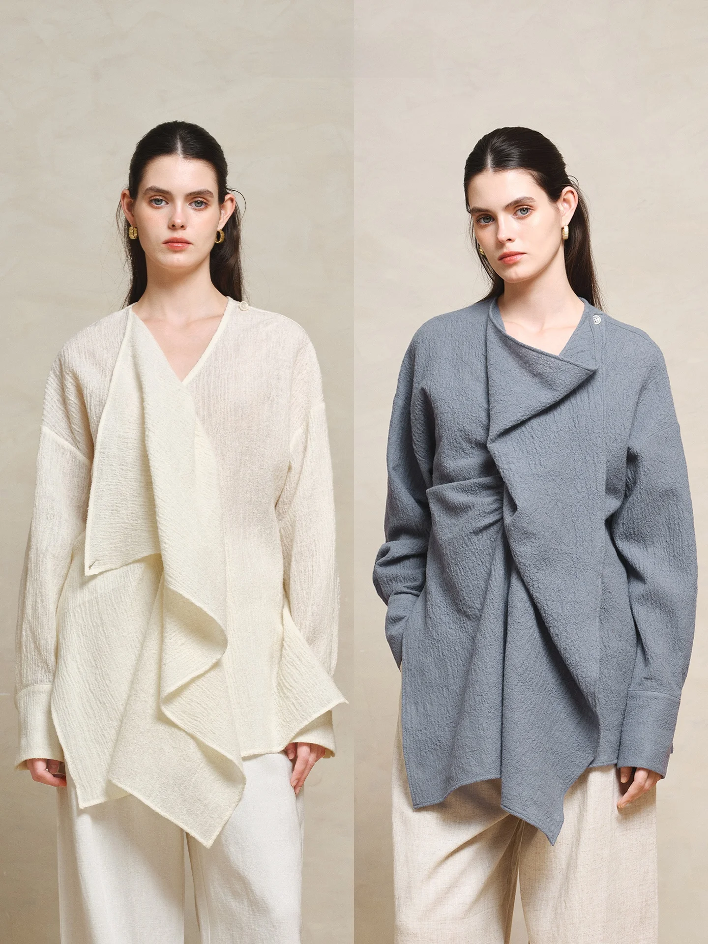 

Line Ciel Textured Wool Cotton irt Multiwear Collar Layered Casual Vaion Simple New Spring Summer Women's Knitted Blouse