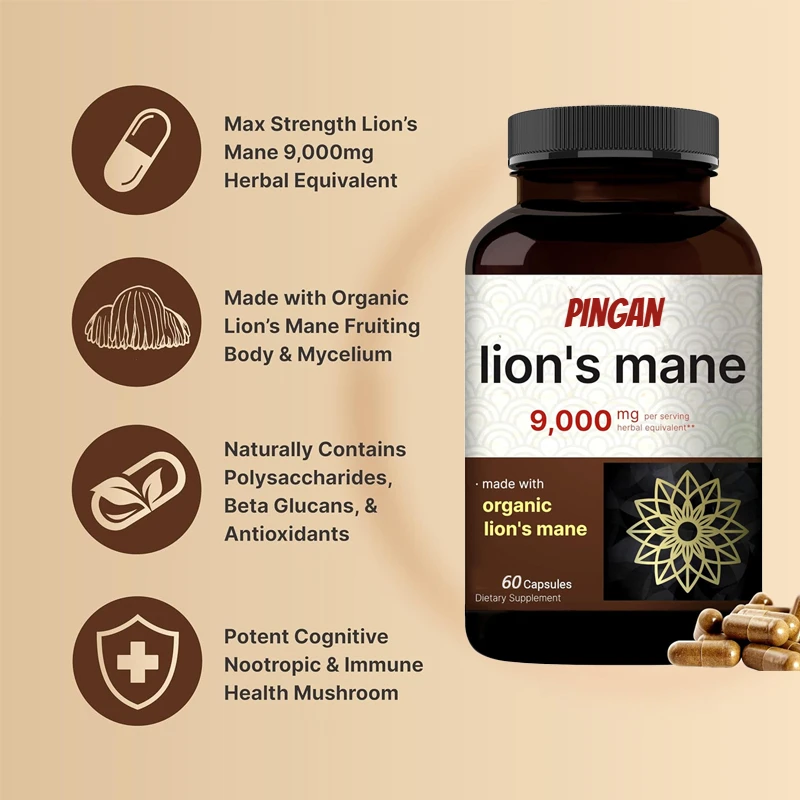 

60 Lion Mane Mushroom Supplemental Capsules with Organic Lion Mane Powder Extract for Brain Puzzle and Immune Health Support