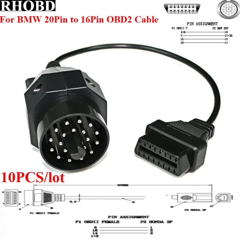 

10 шт. OBD2 для BMW 20-контактный разъем OBD2 16-контактный разъем 36 E39 X5 Z3 для BMW 20PIN адаптерный кабель удлинительный кабель адаптер OBDII